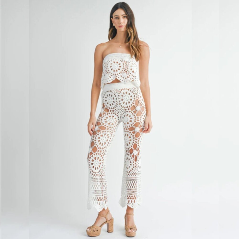 Crochet Knit 2-Piece Coverup Bandeau Top & Pant Set, White M NWT - Picture 3 of 10